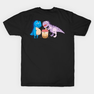 Blue and Purple Dino drinking boba milk tea T-Shirt